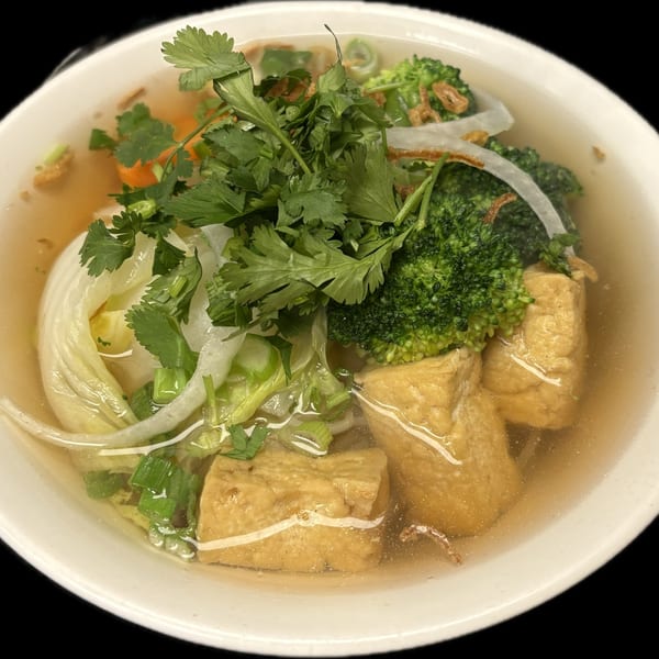 Pho House's vegetarian pho with tofu, broccoli, cilantro, and onions in a clear broth.